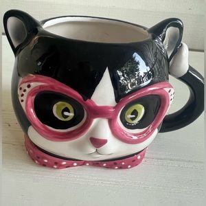 Whimsical ceramic hand crafted and painted cat mug